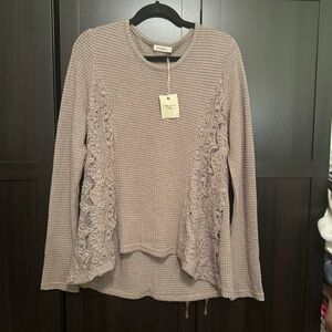 Elegant Lace Trim Waffle Knit Blouse - Taupe​